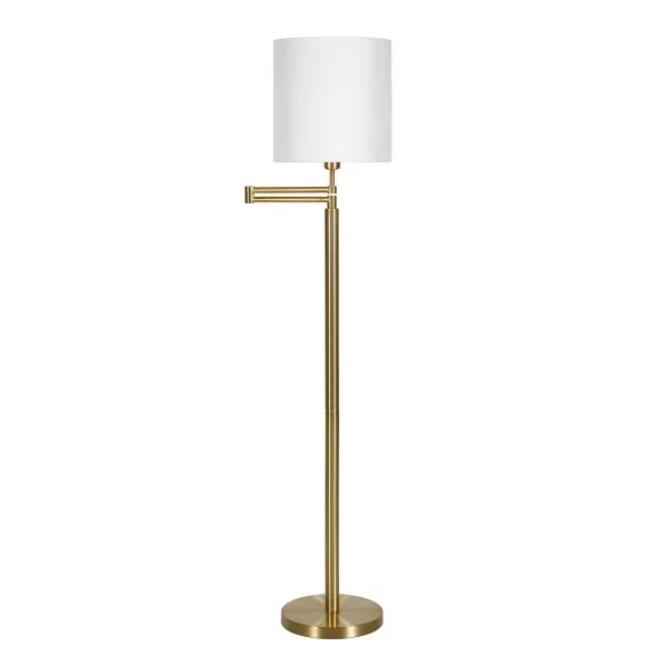 Moby Swing Arm Floor Lamp With Fabric Drum Shade In Brass/White 1 Moby Swing Arm Floor Lamp With Fabric Drum Shade In Brass/White