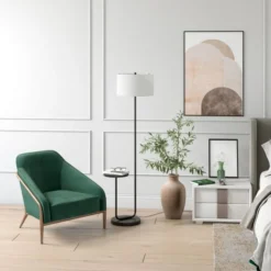 Jacinta Tray Table Floor Lamp With Fabric Shade In Blackened Bronze/White -office furniture sale dc20972c821cf492aa53703f310593e55b