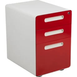 Wren Ergonomic 3-Drawer Mobile Locking Filing Cabinet With Anti-Tilt Mechanism & Letter/Legal Drawer, White With Red Faceplate