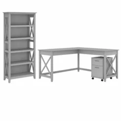 Bush Furniture Key West 60W L Shaped Desk With 2 Drawer Mobile File Cabinet And 5 Shelf Bookcase In Cape Cod Gray