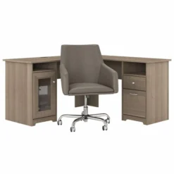 Bush Furniture Cabot 60W L Shaped Computer Desk With Mid Back Leather Box Chair In Ash Gray