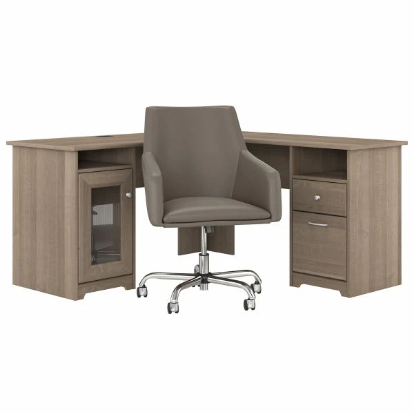 Bush Furniture Cabot 60W L Shaped Computer Desk With Mid Back Leather Box Chair In Ash Gray 1 Bush Furniture Cabot 60W L Shaped Computer Desk With Mid Back Leather Box Chair In Ash Gray