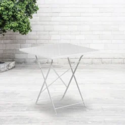 Oia Commercial Grade 28" Square White Indoor-Outdoor Steel Folding Patio Table