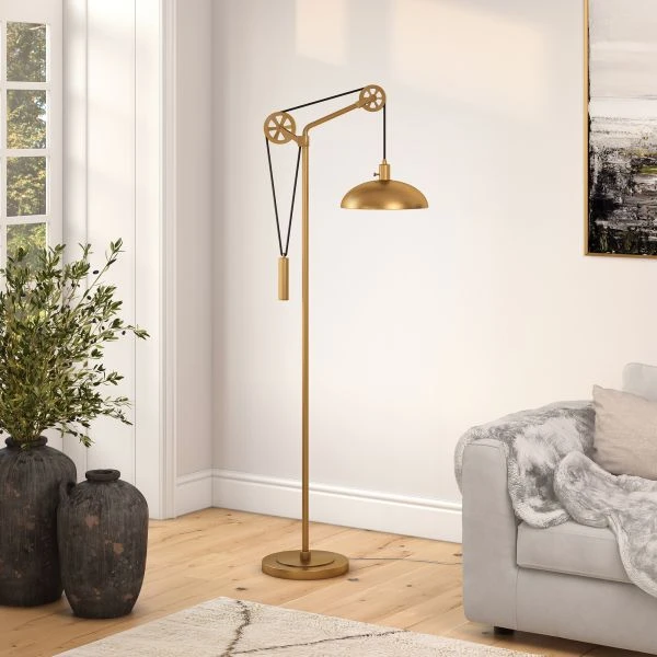 Neo Spoke Wheel Pulley System Floor Lamp With Metal Shade In Brass/Brass 5 Neo Spoke Wheel Pulley System Floor Lamp With Metal Shade In Brass/Brass - Image 5