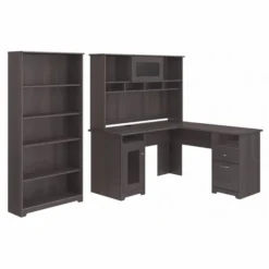 Bush Furniture Cabot 60W L Shaped Computer Desk With Hutch And 5 Shelf Bookcase In Heather Gray