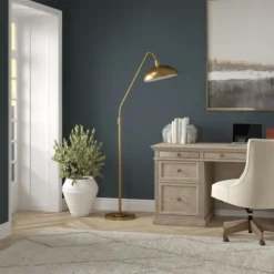 Krouse 66.25" Tall Floor Lamp With Metal Shade In Brushed Brass -office furniture sale e37daedbf6f99589068f5fd44ea517cf37