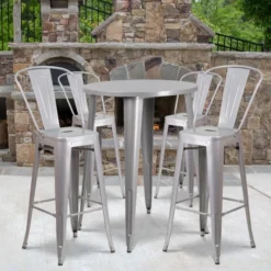 Flash Furniture 30'' Round Silver Metal Indoor-Outdoor Bar Table Set With 4 Cafe Barstools