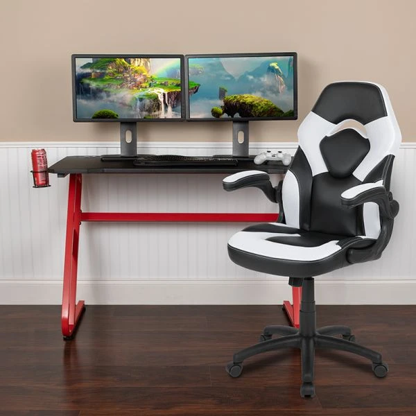 Optis Red Gaming Desk And White/Black Racing Chair Set With Cup Holder And Headphone Hook 2 Optis Red Gaming Desk And White/Black Racing Chair Set With Cup Holder And Headphone Hook - Image 2