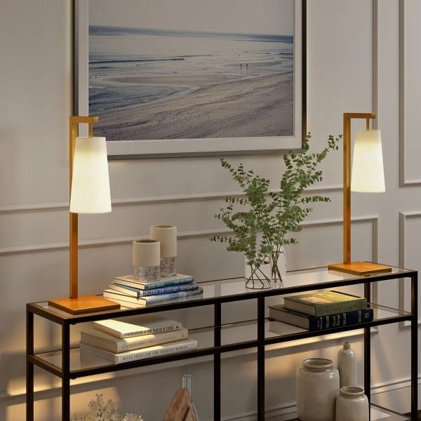 Moser 26" Tall Table Lamp With Fabric Shade In Brass/White 2 Moser 26" Tall Table Lamp With Fabric Shade In Brass/White - Image 2