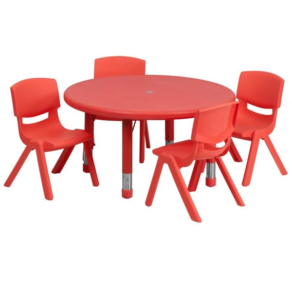Flash Furniture 33'' Round Adjustable Red Plastic Activity Table Set With 4 School Stack Chairs 1 Flash Furniture 33'' Round Adjustable Red Plastic Activity Table Set With 4 School Stack Chairs