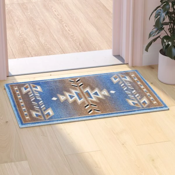 Lodi Collection Southwestern 2' X 3' Blue Area Rug - Olefin Rug With Jute Backing For Hallway, Entryway, Bedroom, Living Room 1 Lodi Collection Southwestern 2' X 3' Blue Area Rug - Olefin Rug With Jute Backing For Hallway, Entryway, Bedroom, Living Room