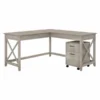 Bush Furniture Key West 60W L Shaped Desk With 2 Drawer Mobile File Cabinet In Washed Gray