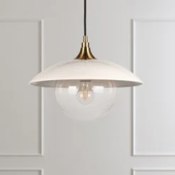 Alvia 14.5" Wide Pendant With Metal/Glass Shade In Pearled White/Brass/Clear -office furniture sale e9584e13c608cddc2d7889dba6b88aeb80