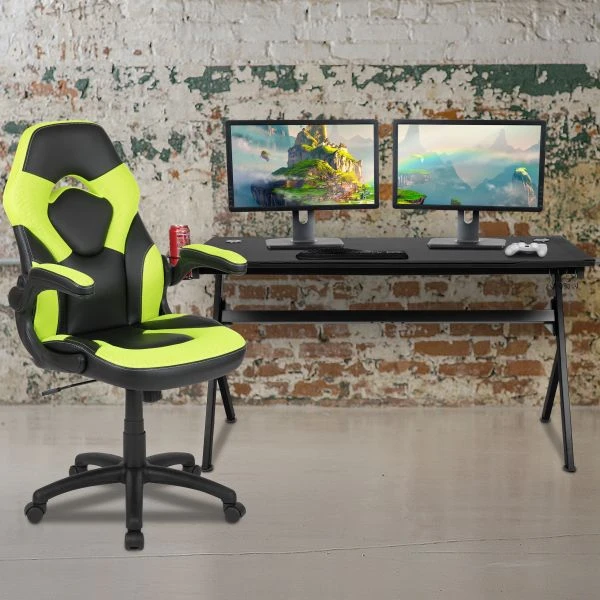 Optis Gaming Desk And Green/Black Racing Chair Set /Cup Holder/Headphone Hook/Removable Mouse Pad Top - 2 Wire Management Holes 1 Optis Gaming Desk And Green/Black Racing Chair Set /Cup Holder/Headphone Hook/Removable Mouse Pad Top - 2 Wire Management Holes