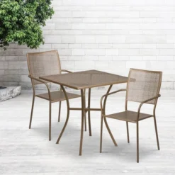 Oia Commercial Grade 28" Square Gold Indoor-Outdoor Steel Patio Table Set With 2 Square Back Chairs
