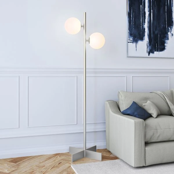 Twee 2-Light Floor Lamp With Glass Shade In Nickel/White Milk 2 Twee 2-Light Floor Lamp With Glass Shade In Nickel/White Milk - Image 2
