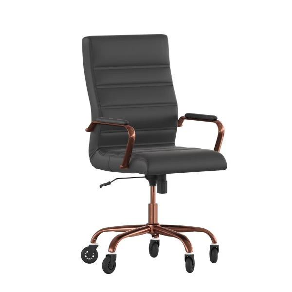 Whitney High Back Black LeatherSoft Executive Swivel Office Chair With Rose Gold Frame, Arms, And Transparent Roller Wheels 2 Whitney High Back Black LeatherSoft Executive Swivel Office Chair With Rose Gold Frame, Arms, And Transparent Roller Wheels - Image 2