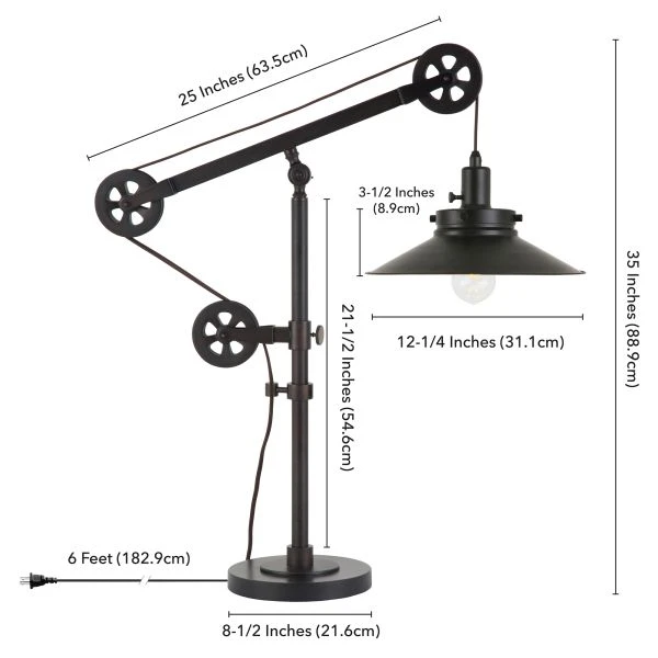 Descartes 29" Tall Wide Brim/Pulley System Table Lamp With Metal Shade In Blackened Bronze/Blackened Bronze 7 Descartes 29" Tall Wide Brim/Pulley System Table Lamp With Metal Shade In Blackened Bronze/Blackened Bronze - Image 7