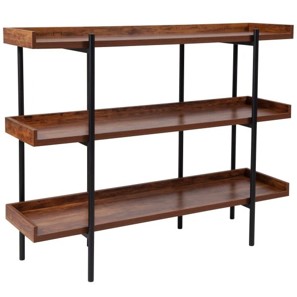 Mayfair 3 Shelf 35"H Storage Display Unit Bookcase With Black Metal Frame In Rustic Wood Grain Finish 2 Mayfair 3 Shelf 35"H Storage Display Unit Bookcase With Black Metal Frame In Rustic Wood Grain Finish - Image 2