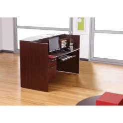 Alera Valencia Series Reception Desk With Transaction Counter, 71" X 35.5" X 29.5" To 42.5", Mahogany -office furniture sale ee59799ed389573023aee636b41ea35231