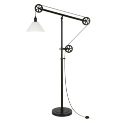 Descartes Pulley System Floor Lamp With Glass Shade In Blackened Bronze/White