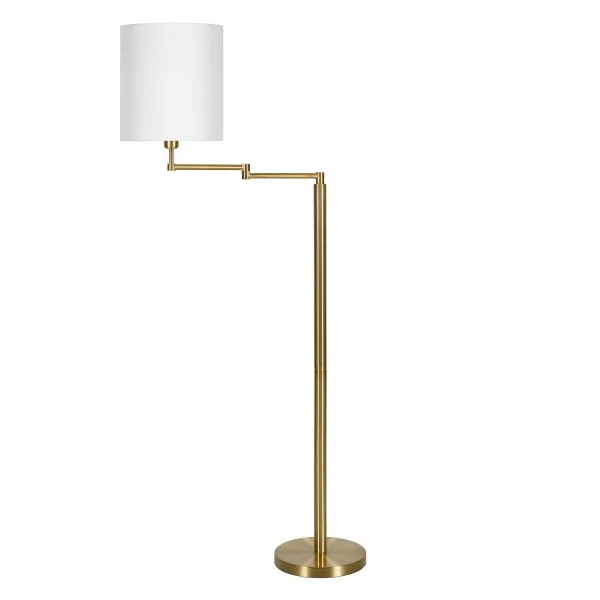 Moby Swing Arm Floor Lamp With Fabric Drum Shade In Brass/White 4 Moby Swing Arm Floor Lamp With Fabric Drum Shade In Brass/White - Image 4