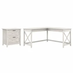 Bush Furniture Key West 60W L Shaped Desk With 2 Drawer Lateral File Cabinet In Linen White Oak