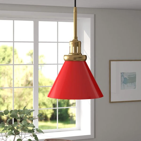 Zeno 8.5" Wide Pendant With Metal Shade In Poppy Red/Brass/Poppy Red 6 Zeno 8.5" Wide Pendant With Metal Shade In Poppy Red/Brass/Poppy Red - Image 6