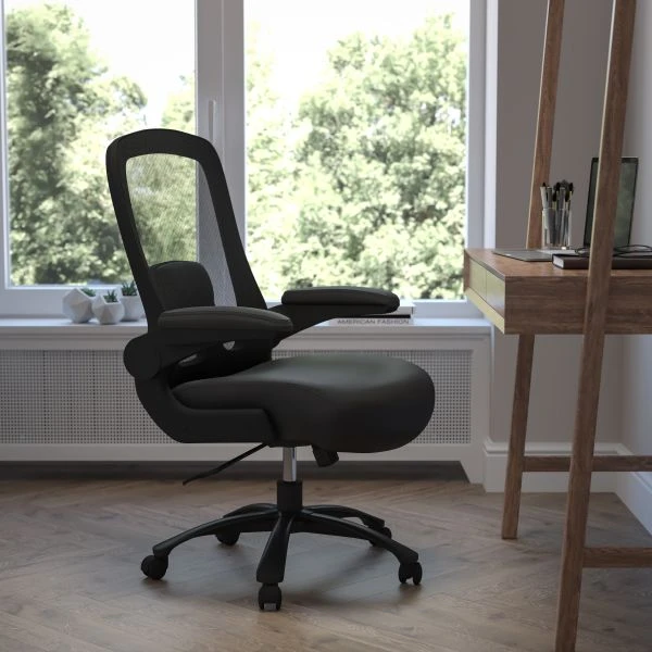 Flash Furniture HERCULES Series Big & Tall Mesh Executive Swivel Chair With Leather Seat, Adjustable Lumbar And Flip-Up Arms 1 Flash Furniture HERCULES Series Big & Tall Mesh Executive Swivel Chair With Leather Seat, Adjustable Lumbar And Flip-Up Arms