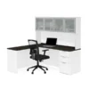 Bestar Pro-Concept Plus L-Desk With Frosted Glass Door Hutch In White & Deep Grey