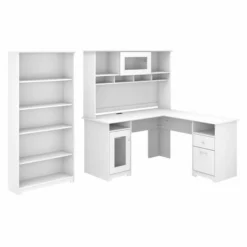 Bush Furniture Cabot 60W L Shaped Computer Desk With Hutch And 5 Shelf Bookcase In White