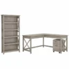 Bush Furniture Key West 60W L Shaped Desk With 2 Drawer Mobile File Cabinet And 5 Shelf Bookcase In Washed Gray