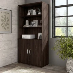 Bush Business Furniture Hybrid Tall 5 Shelf Bookcase With Doors In Black Walnut -office furniture sale f4bb713ea745f1fd6d0e100581bab2971e