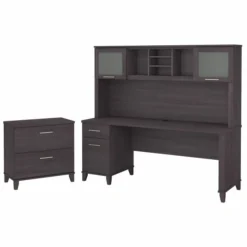 Bush Furniture Somerset 72W Office Desk With Hutch And Lateral File Cabinet In Storm Gray