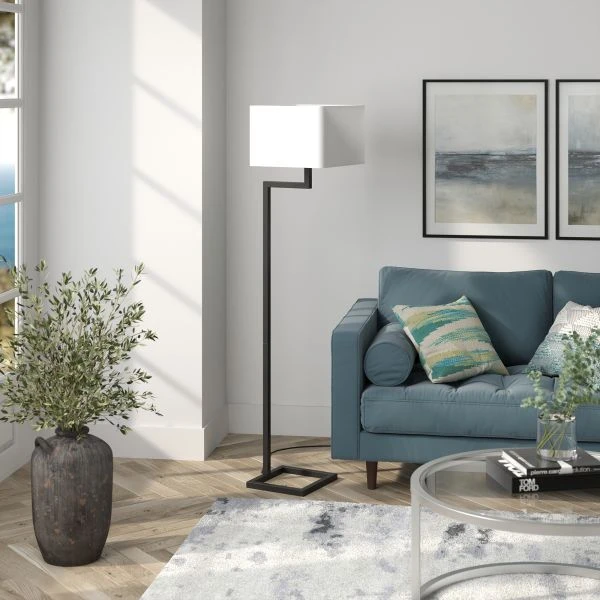 Xavier 64" Tall Floor Lamp With Fabric Shade In Blackened Bronze/White 6 Xavier 64" Tall Floor Lamp With Fabric Shade In Blackened Bronze/White - Image 6