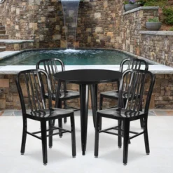 Chad Commercial Grade 30" Round Black Metal Indoor-Outdoor Table Set With 4 Vertical Slat Back Chairs