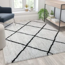 Roxy Shag Style Diamond Trellis Area Rug - 5' X 7' - Ivory