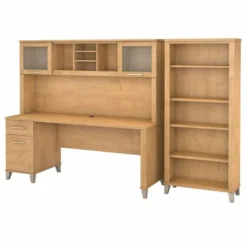 Bush Furniture Somerset 72W Office Desk With Hutch And 5 Shelf Bookcase In Maple Cross