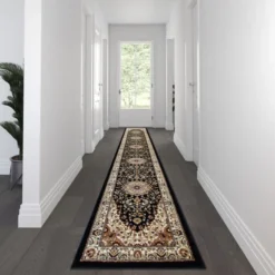 Mersin Collection Persian Style 3' X 15' Black Area Rug - Olefin Rug With Jute Backing - Hallway, Entryway, Bedroom, Living Room