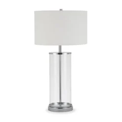 Rowan 28" Tall Table Lamp With Fabric Shade In Clear Glass/Polished Nickel/White