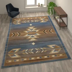 Lodi Collection Southwestern 8' X 10' Blue Area Rug - Olefin Rug With Jute Backing For Hallway, Entryway, Bedroom, Living Room