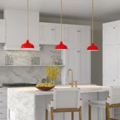 Mackenzie 10.75" Wide Pendant With Metal Shade In Poppy Red/Brass/Poppy Red -office furniture sale fc008848fd5abcd1e699699f2452ff00b2