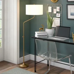 Callum Height-Adjustable Floor Lamp With Fabric Shade In Brushed Brass/White -office furniture sale fc2432d04808fc6030223c76cfc3e3ec8f