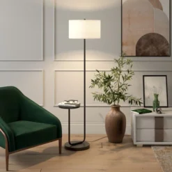 Jacinta Tray Table Floor Lamp With Fabric Shade In Blackened Bronze/White -office furniture sale fc3629200a3012f76103392930889c111b