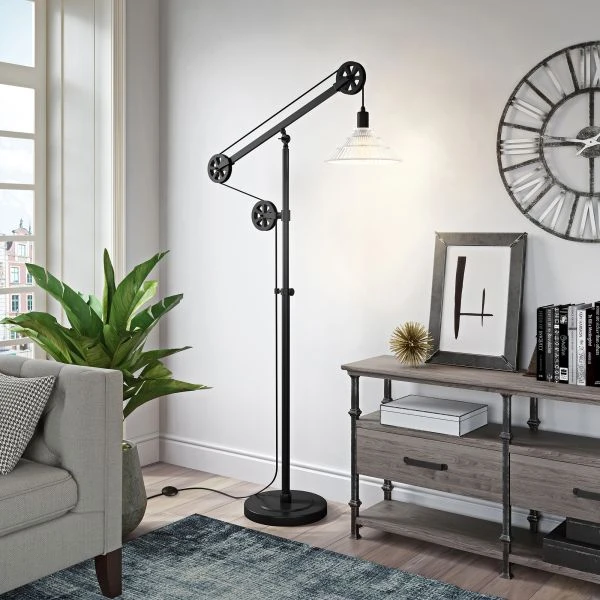 Descartes Pulley System Floor Lamp With Ribbed Glass Shade In Blackened Bronze/Clear 4 Descartes Pulley System Floor Lamp With Ribbed Glass Shade In Blackened Bronze/Clear - Image 4