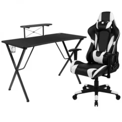 Optis Black Gaming Desk And Black Reclining Gaming Chair Set With Cup Holder, Headphone Hook, And Monitor/Smartphone Stand