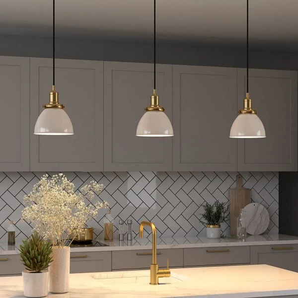 Madison 8" Wide Pendant With Metal Shade In Pearled White/Brass/Pearled White 7 Madison 8" Wide Pendant With Metal Shade In Pearled White/Brass/Pearled White - Image 7