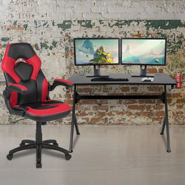 Optis Black Gaming Desk And Red/Black Racing Chair Set With Cup Holder, Headphone Hook & 2 Wire Management Holes 1 Optis Black Gaming Desk And Red/Black Racing Chair Set With Cup Holder, Headphone Hook & 2 Wire Management Holes